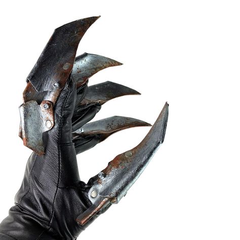 "Painted with an acrylic paint and clear coated for paint durability, these genuine leather gloves, with genuine leather claws should last you for years. By default, these gloves are large size - so please measure your hand at the knuckles - large is 8.5-9\". If you need a different size, please reach out to us separately. ALL OF OUR PRODUCTS ARE FULLY CUSTOMIZABLE Each leather product can be customized to change the color, alter the appearance, or to add additional accessories such as stones or Gloves With Claws, Claw Gloves, Costume Gloves, Hand Reference, Leather Mask, Rusted Metal, Leather Dye, Fantasy Armor, Fun Events