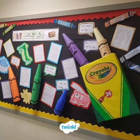 The Day the Crayons Quit  Display! We love Amanda's character display, it makes a perfect classroom addition to support teaching of the popular book! Check out our "The Day the Crayons Quit" guided reading resources.   #thedaythecrayonsquit #books #literature #display #classroomdisplay #crayons #displaywall #twinkl #twinklresources Writing Classroom Display, The Day The Crayons Quit Bulletin Board, Character Classroom Theme, Book Character Themed Classroom, Nursery Display Boards, Primary Classroom Displays, Holiday Classroom Doors, Colourful Classroom, Crayon Themed Classroom