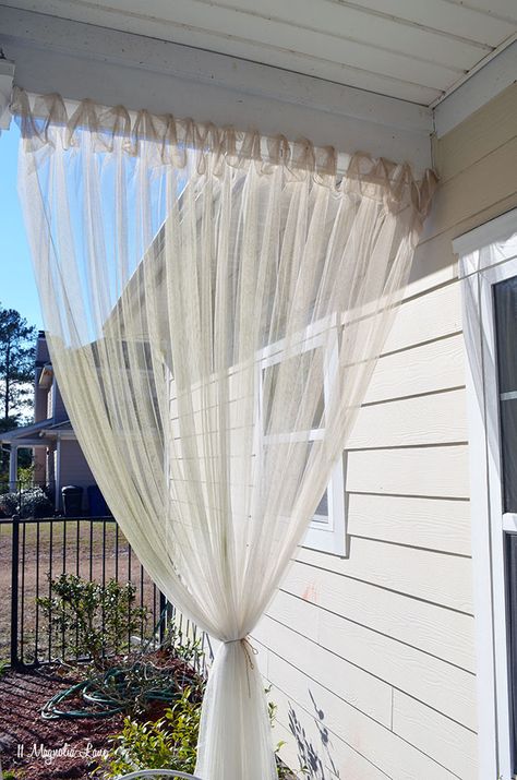 "DIY Screened Porch" Sheer Curtains--18 months later | 11 Magnolia Lane Diy Screened Porch, Screened In Porch Diy, Mosquito Curtains, Porch Curtains, Building A Porch, Patio Curtains, No Sew Curtains, Bed Tent, Types Of Curtains