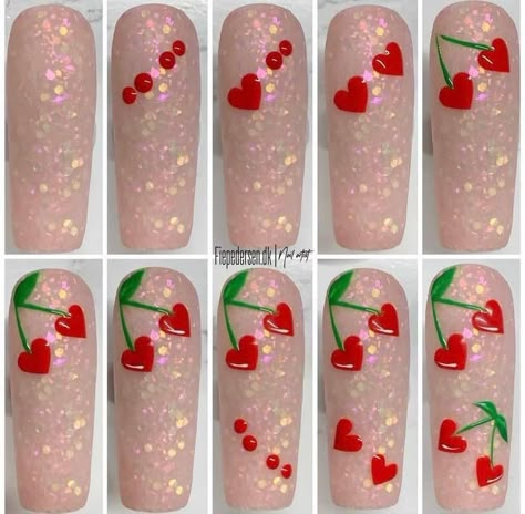 Cherry Nail Art, Pokemon Human, Food Nails, Quick Nail Art, Funky Nail Art, Heart Nail Designs, Art Deco Nails, Dot Nail Art, Nail Designs Tutorial