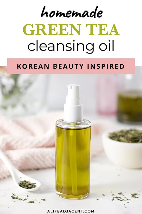 Learn how to make a green tea DIY cleansing oil inspired by Korean skincare! This homemade oil cleanser is a moisturizing face wash and makeup remover, and it's so easy to make! It contains only 3 simple ingredients: green tea infused oil, green tea wax and a natural emulsifier called CreamMaker FLUID for a clean rinse off. Make your own Korean beauty inspired skin care products at home with this easy recipe. Perfect for your natural skincare routine. #alifeadjacent #diybeauty #diyskincare How To Make Your Own Face Cleanser, Korean Natural Skincare, Diy Korean Skincare Recipes, Oil Cleanser For Dry Skin, Oil Cleanser Recipe, Diy Cleansing Oil, Diy Oil Cleanser, Bathing Culture, Green Tea Cleanser