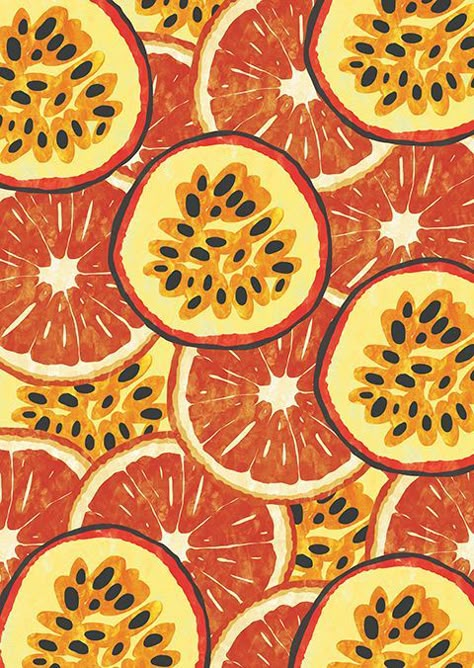 Food Pattern Design, Passionfruit Illustration, Maracuja Aesthetic, Passionfruit Aesthetic, Passion Fruit Aesthetic, Food Pattern Illustration, Fruit Texture, Fruit Pattern Design, Orange Illustration