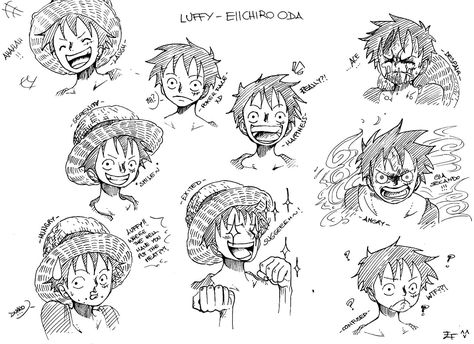 Luffy Character Sheet, One Piece Art Style Reference, One Piece Expressions, Junk Sketchbook, One Piece Art Style, Anime Face Expressions, Luffy Art, Idea Box, Anime Reference