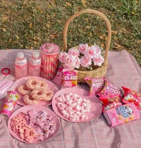 Pink Themed Picnic, Pink Picnic Birthday, Pink Picnic Food, Pink Snacks Aesthetic, Pink Picnic Food Ideas, Preppy Picnic Birthday Party, Pink Picnic Birthday Party, Picnic Girls Party, Cute Picnic Party