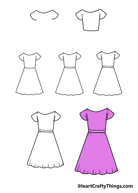 Dress Drawing - How To Draw A Dress Step By Step! Draw A Dress, Dress Drawing Easy, Fashion Drawing Tutorial, Small Drawings, Dress Drawing, Dress Sketches, Book Drawing, Drawing For Beginners, How To Make Clothes