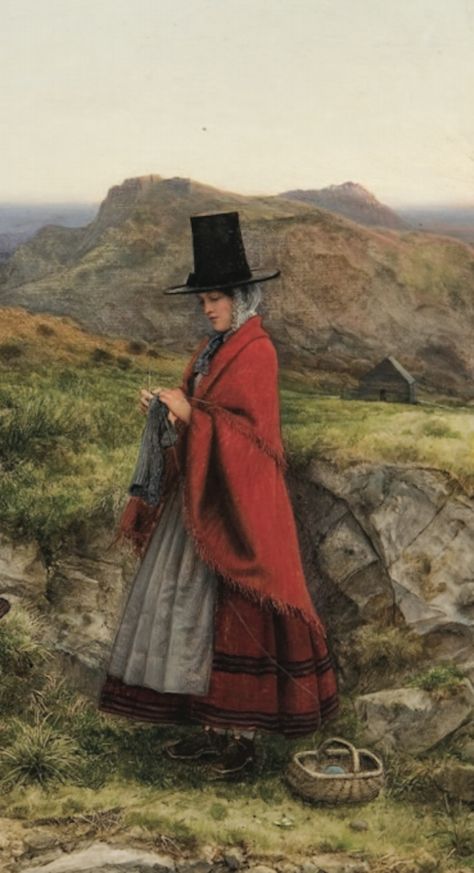 Painting by Dyce. Welsh knitting. From an article for Selvedge Magazine by Moira Vincentelli. Welsh Traditional Dress, Welsh Traditional Clothing, Welsh Aesthetic, Welsh Clothing, Welsh Folklore, Traditional Welsh Dress, Welsh Culture, Welsh Art, Welsh Lady