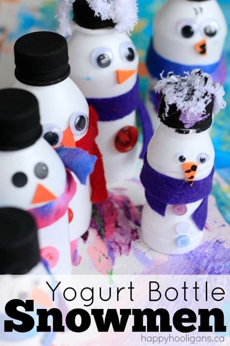 Adorable Yogurt Bottle Snowmen - Happy Hooligans Diy Schneemann, Snowmen Activities, Happy Hooligans, Keeping Kids Busy, Winter Craft, Preschool Arts And Crafts, Winter Preschool, Winter Crafts For Kids, Snowman Crafts