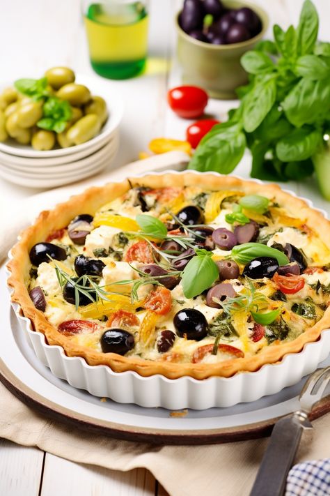 "Flavour-Packed Mediterranean Quiche Recipe with Kalamata Olives and Sun-dried Tomatoes" #mediterraneandiet Mediterranean Quiche Recipes, Mediterranean Quiche, Simple Starters, Dinner Ideas Simple, Savoury Pie, Tomato Quiche, Easy Quiche, Savoury Pies, Cooking Tomatoes