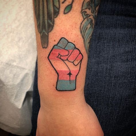 Trans Flag Tattoo, Trans Pride Tattoo, Trans Tattoo Ideas, Transgender Tattoo Ideas, Coastline Tattoo, Trans Tattoo, Sketchbook Moodboard, Fist Tattoo, Lgbt Tattoo