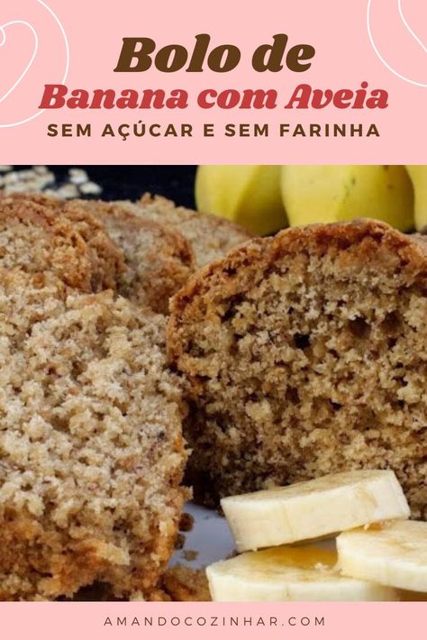 Bolo fit de banana com aveia, super fácil de fazer, sem açúcar e sem farinha de trigo. Oat Cake Recipes, Bolo Fit, Oat Cakes, Banana Oats, Banana Healthy, A Banana, Healthy Food Choices, Sans Gluten, Bananas