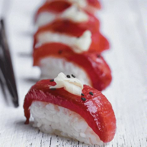 Mind-blowing watermelon sushi | Nourish plant-based living Asian Summer Food, Vegan Watermelon Recipes, Japanese Canapes, Watermelon Sushi, Tuna Vegan, Teff Pancakes, Lentil Coconut Curry, Chickpea Lentil, Lentil Coconut