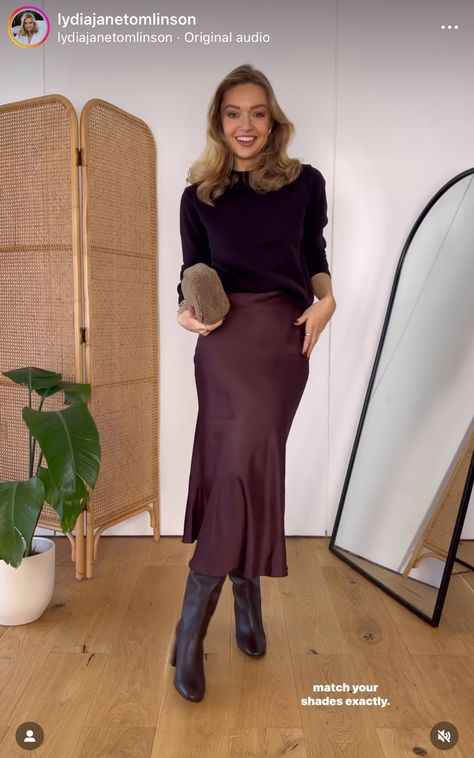 Wine Color Dress Outfit, Burgundy Silk Skirt Outfit, Burgundy Satin Skirt, Wine Color Dress, Burgundy Skirt Outfit, Dress Outfit Winter, Silk Skirt Outfit, Wine Colored Dresses, Lawyer Outfits