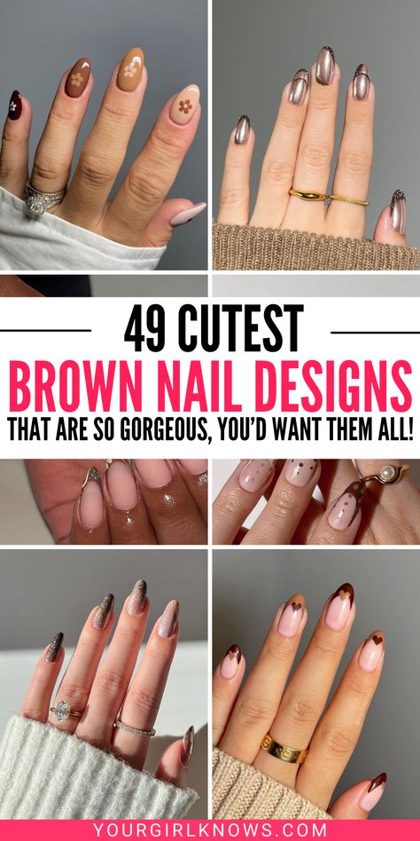 The 'gram is going nuts over these brown nails! Take your mani game to the next level with 49 of the hottest shades and styles — time to get creative and show off that #NailedIt vibe 🔥 Click through for major brown nails mani inspo! Brown Nails Design Short Almond, Dark Brown Nails With Design, Nail Designs Light Brown, Almond Brown Nails Design, Fall Brown Tip Nails, Dark Brown Nail Ideas, Almond Short Brown Nails, Cool Tone Brown Nails, Brown Nails With Gold Accent