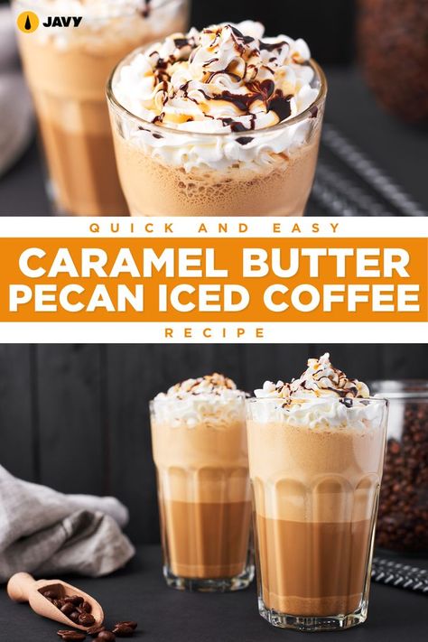 How to make Caramel Butter Pecan Iced Coffee at home using Javy Coffee Butter Pecan Iced Coffee, Butter Pecan Coffee, Espresso Machine Recipes, Recipe With Caramel, Ninja Coffee Bar Recipes, Caramel Iced Coffee Recipe, Cold Coffee Drinks Recipes, Caramel Iced Coffee, Caramel Butter