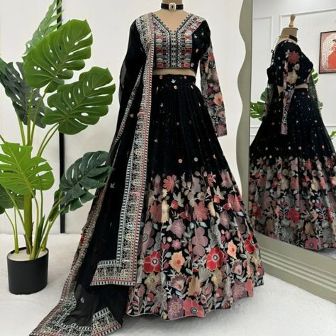 Embrace the spirit of Navratri in this classic black Georgette lehenga. Let the dance begin! 🎶💃 #NavratriVibes #BlackLehenga 🧵 Lehengha details Fabric : Foux gorgette Work: Sequnce with thread Size: Up to 44 Inner: Micro Lehengha Type: Semi-Stitch Choli details Fabric: Foux Gorgette inner: micro Work: Sequnce with thread Size: Upto 44 Unstich Dupata Fabric: Foux gorgette Work: Sequnce with thread with fourside lace broder 📩 DM @fabfundasurat for all the outfit details and prices. 📞 You ca... Black Lehenga, Georgette Lehenga, The Dance, Outfit Details, Lehenga, Classic Black, Thread, Let It Be, Lace