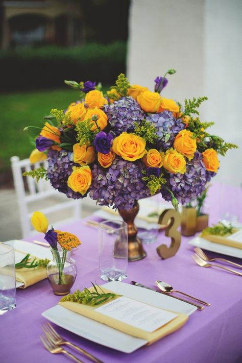 Elegant Lavender and Yellow Centerpiece // image by http://jasonmizephotography.com, florals by http://www.fhweddings.com, via http://theeverylastdetail.com/elegant-lavender-yellow-wedding-ideas/ Lavender And Yellow Wedding, Yellow Wedding Decorations, Yellow Centerpieces, Yellow Wedding Theme, Purple Wedding Flowers, Yellow And Purple, Wedding Table Decorations, Lavender Wedding, Purple And Yellow