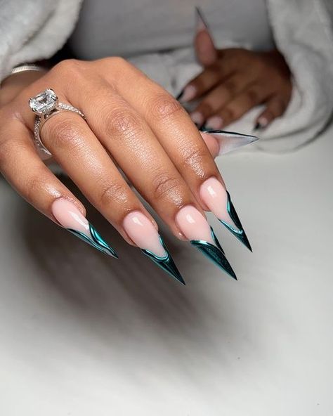 Precious A | London Nail Technician on Instagram: "Focus on the ROCK, oh the nails are kinda cool too🤭😍   July slots??" Green Nails Stiletto, Blue Green Nails, French Stiletto Nails, Stilleto Nails Designs, Gel Toe Nails, Sassy Nails, London Nails, Stiletto Nails Designs, Work Nails