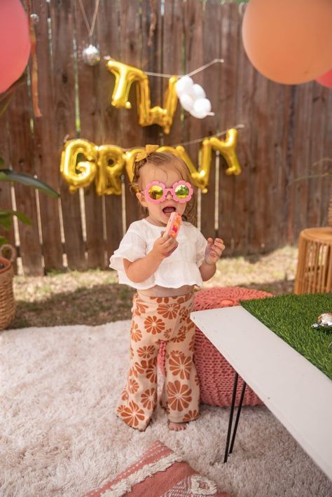 Two Groovy 2nd Birthday Party, Two Groovy Theme Party, Two Groovy Outfit Ideas, Toddler Girl Birthday Themes, 2nd Birthday Boho Theme, Groovy Second Birthday, Two Groovy Boho Birthday Party, 2 Birthday Party Themes, Groovy Hippie Birthday Party