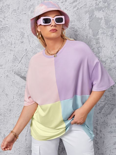 Plus Colorblock Drop Shoulder Tee Colorblock Tshirt, Paint Clothes, Twins Fashion, Color Block Shirts, Women Tees, Cute Sewing Projects, Color Block Tee, Drop Shoulder Tee, Painted Clothes