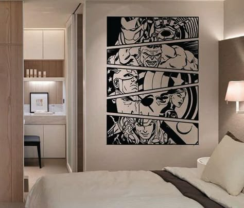 10 Best Marvel Avengers Wall Decor Ideas Avengers Wall Decor, Avengers Bedroom, Geek Home Decor, Avengers Room, Marvel Room, Geek Room, Kitchen Apartment, Stripped Wall, Trendy Apartment