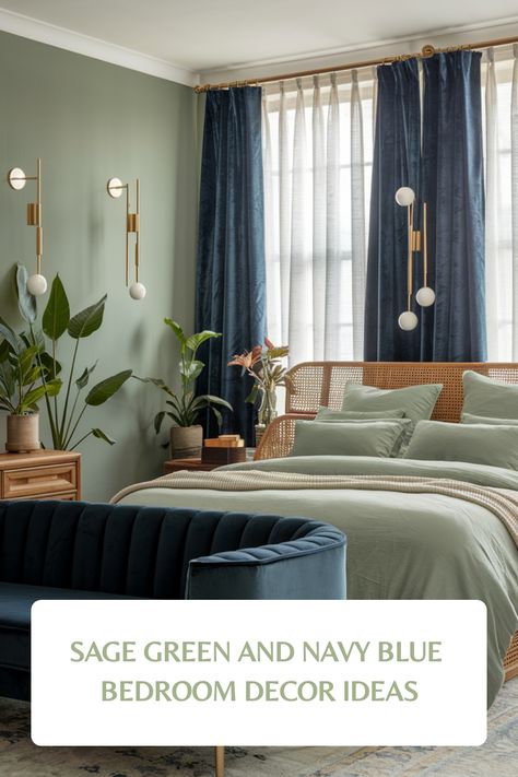 Sage green and navy blue bedroom with elegant decor and lush plants. Moss Green And Navy Bedroom, Navy Blue And Mint Green Bedroom, Lime Green And Navy Bedroom, Green Bedroom Blue Accents, Navy Blue And Seafoam Green Bedroom, Navy Blue And Olive Green Bedroom, Green And Navy Bedroom Ideas, Blue Green And Gold Bedroom, Blue Sage Bedroom