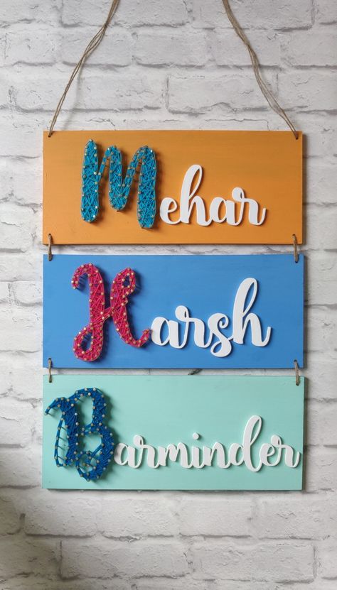 String Art Name Plate, Name String Art, String Art Names, Name Plates For Home, Name Plate Design, String Crafts, Name Plates, Diy Creative Crafts, Plate Design