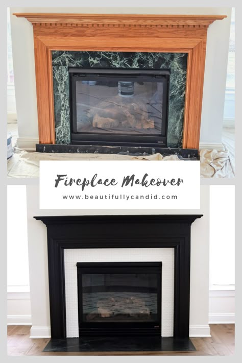 Repainting Fireplace Mantle, Glam Fireplace Makeover, Paint Mantle Black, Fireplace Makeover On A Budget, Affordable Fireplace Makeover, Renovate Fireplace Ideas, Update Traditional Fireplace, Builder Grade Corner Fireplace Makeover, Black Craftsman Fireplace