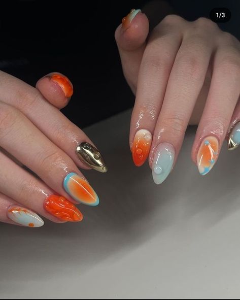 Aura Nail, Fake Nails Designs, Mani Ideas, Mirror Nails, Beauty Nails Design, Summery Nails, White Nail, Orange Nails, Minimalist Nails