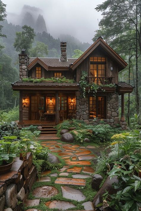 A House In The Forest, Dream House Forest Nature, Small Rustic Cottage, Woodland House Interior, Small Cozy Home Exterior, Forest House Plans, House In The Middle Of The Forest, Cabin Home Exterior, House In Forest Cottages