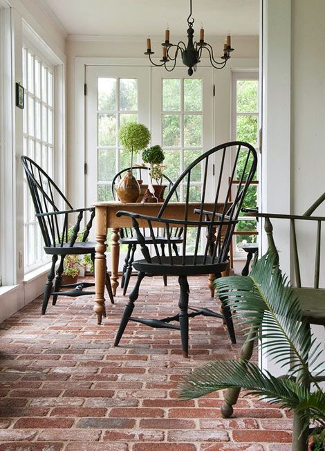 All the details about our beautiful brick flooring including how to clean, the pros, cons and installation. Sunroom Windows, Brick Floor, Casas Coloniales, Brick Flooring, Cool Ideas, Style At Home, Farmhouse Chic, Garden Room, Room Table