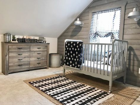 Attic Room Nursery, Attic Nursery Sloped Ceiling, Attic Nursery, Nursery Farmhouse, Nursery Reveal, Add A Room, Farmhouse Paint Colors, Woodland Nursery Theme, Attic Design