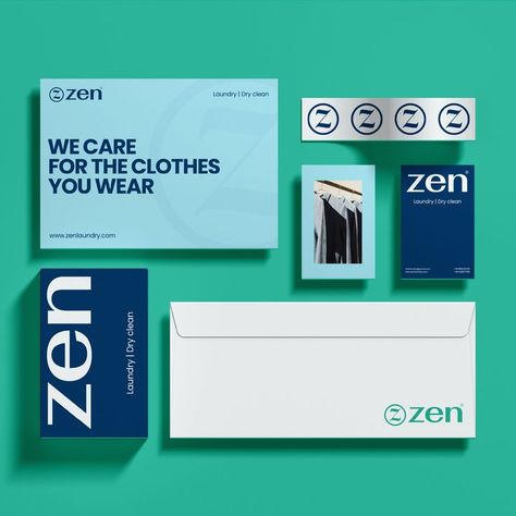 branding design for Zen Dark Blue Brand Identity, Blue Corporate Design, Black And Blue Branding, Teal Brand Identity, Laundry Branding Design, Green Blue Branding, Dark Blue Branding, Light Blue Branding, Dry Cleaning Logo