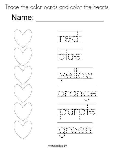 Trace the color words and color the hearts Coloring Page - Twisty Noodle 1st Grade Tracing Worksheets, Word Tracing Printables Free, Color Tracing Worksheet, Words Tracing Worksheet, Worksheets For Prek, Homeschool Kindergarten Worksheets, Tracing Words, Tracing Coloring Pages, Writing Worksheets Preschool