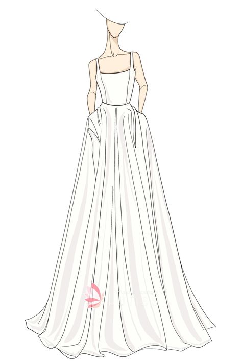 ivory satin square neckline wedding dress sketch Wedding Dress With Square Neckline, Wedding Dress Sketch, Square Neckline Wedding Dress, Dresses Drawing, Dress Outline, Wedding Dress Drawings, Neckline Wedding Dress, Long Flowing Dresses, Dress Sketch