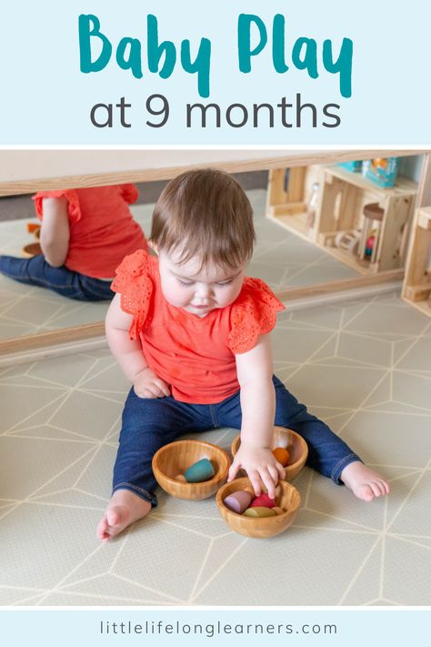 Baby play ideas at 9 months by Little Lifelong Learners. Nine month olds love to move, play, and explore. I'm sharing our favorite baby activities for 9 month olds and simple ways to support your baby's development through play. Featuring a silk pull game, story-themed sensory baskets, and outdoor play ideas, this blog post is full of inspiration for playing with your 9 month old baby! 9month Old Activities, Activities For 5 Month Old, Months Activities, Baby Play Ideas, Baby Play Areas, 5 Month Old Baby, 5 Month Old, 9 Month Old Baby, Tummy Time Activities