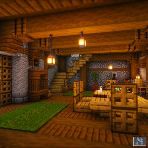 A Minecraft Oakwood Tavern House with a full survival interior! You can download this build on my Patreon, just follow the link! Underground Ideas Minecraft, Minecraft House Interior Layout, Interior Hobbit House Minecraft, Minecraft Cabin Interior Design, Minecraft Interior Ideas Survival, Cabin Interior Minecraft, Minecraft Furnishing Ideas, Minecraft House Interior Design, Wall Ideas Minecraft Interior