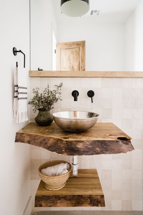 Bathroom Bowl Sink Ideas, Diy Bowl Sink, Powder Bath Design, Earthy Bathroom Ideas, Floating Sink Vanity, Floating Bathroom Sink, Bowl Sink Bathroom, Rustic Powder Room, Earthy Bathroom