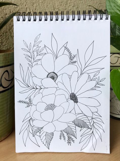 Floral Bunch Drawing, Flowers Composition Drawing, Flower Bunch Doodle, Flower Drawing Composition, Full Page Flower Drawings, Floral Composition Drawing, Flower Composition Drawing, Flower Drawings With Color, Flower Pounding