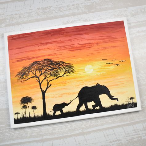 African sunset - easy acrylic painting for beginners. How to paint the setting sun and an elephant family silhouette |  Canvas size: 30 x 40 cm |  Enjoy today's #acrylic painting video on my YouTube channel: That's Art | 
#africansunset #elephantpainting Sun Set Painting Acrylic Easy, Quirky Painting Ideas, Sun Set Painting Easy, Family Acrylic Painting, Elephant Acrylic Painting, Hallway Painting, Class Art Auction, African Animal Art, Easy Acrylic Painting For Beginners