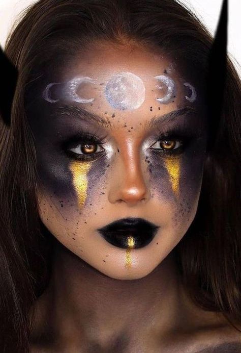 Halloween Makeup 2023: 21 Spooky and Creative Ideas - thepinkgoose.com Hecate Makeup, Dark Goddess Makeup, Dark Fairy Makeup Ideas, Pale Skin Red Lips, Lilith Makeup, Moon Goddess Makeup, Dark Fantasy Makeup, Dark Fairy Makeup, Realistic Skeleton