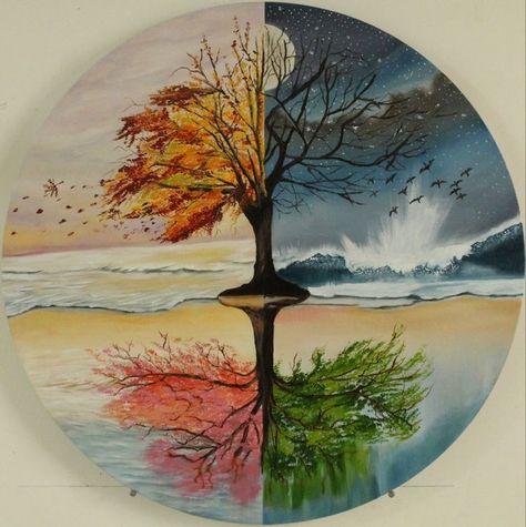 4 Seasons Landscape, Four Season Painting Ideas, The Four Seasons Art, Seasons Paintings On Canvas, Seasons Changing Art, 4 Seasons Tree Painting, Four Seasons Aesthetic, 4 Seasons Drawing, Four Seasons Drawing