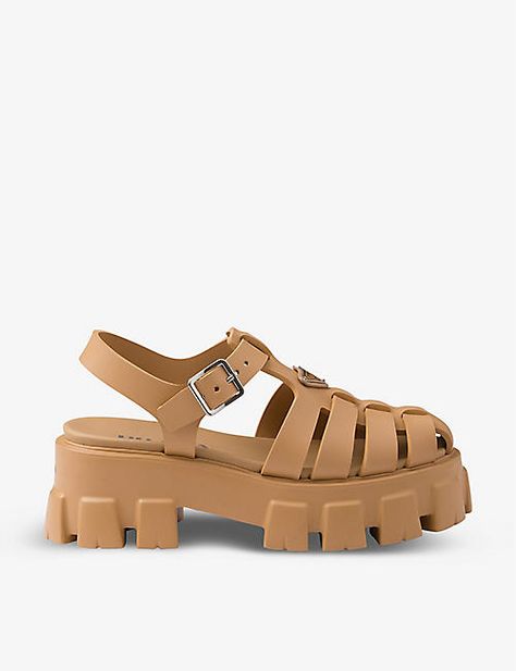 Prada Monolith, Prada Sandals, Rubber Sandals, Caged Sandals, Estilo Preppy, Buckle Shoes, Triangle Logo, Dolce E Gabbana, Sand Beige