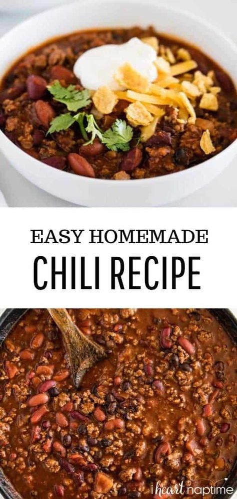 A hearty homemade chili recipe made in one pot, making dinner a breeze! Perfectly seasoned and full of delicious flavor. #chili #chilirecipes #soup #souprecipeseasy #souprecipe #soups #fall #fallrecipes #winter #winterrecipes #easyrecipe #recipes #iheartnaptime Dutch Oven Chili Recipe, Best Homemade Chili, Easy Homemade Chili, Classic Chili Recipe, Homemade Chili Recipe, Leftover Chili, Beef Chili Recipe, Chili Toppings, Best Chili Recipe