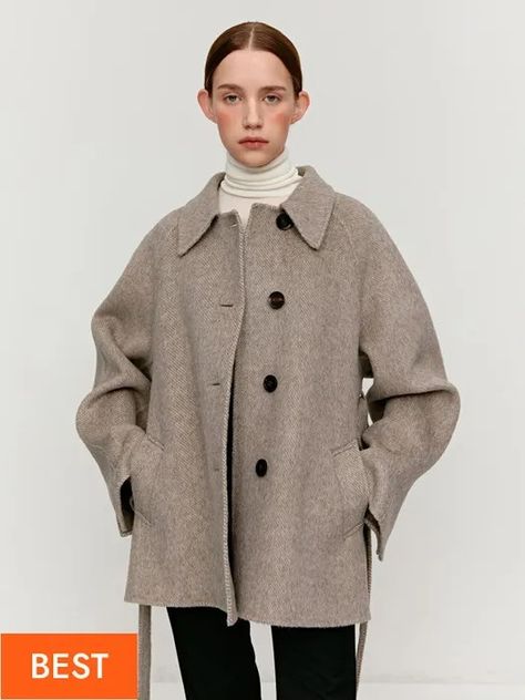 TWF Semi Double Half Coat_Grey | W Concept Elegant Feminine, W Concept, Herringbone Pattern, Hooded Coat, Wool Fabric, Wool Coat, Feminine Style, Mens Bottom, Classic Looks