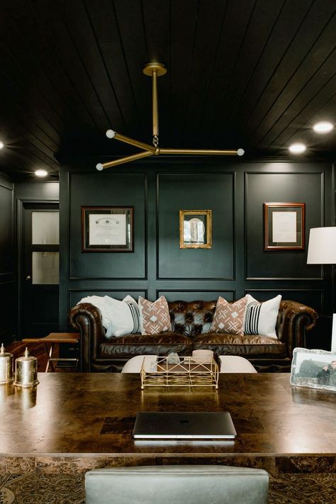 Dark Basement Office, Masculine Office With Couch, Mens Office Design Ideas, Charleston Green Office, Men’s Office Color Scheme, Masculine Study Office, Speakeasy Office Ideas, Green Mancave, Men’s Study