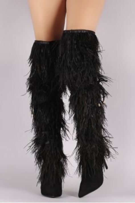 Liliana Feathered Fringe Pointy Toe Over The Knee Stiletto Boots Stylish Fall Boots, Feathered Fringe, Glamour Outfit, Fancy Shoes, Stiletto Boots, Girly Shoes, Stiletto Shoes, Beautiful Boots, Fashion Design Sketches