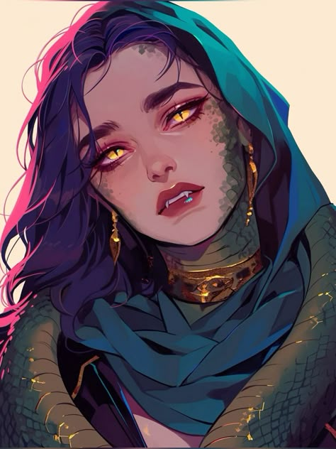 My AI generated DND character. She is a Yuan Ti Pureblood Sorceress, her name is Ezsa Szratti. Dnd Poison Character, Medusa Dnd Character, Zuggtmoy D&d, Sneaky Character Design, Dnd Pregnant Character, Different Fantasy Races, Dnd Yuan Ti Character Art, Witchy Character Design, Unique Fantasy Races