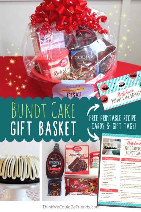 Looking for a FUN Christmas gift idea? This Bundt Cake Gift Basket will be a huge hit this holiday season! The recipe is a copy cat from Nothing Bundt Cakes Triple Chocolate Bunt Cake-- and it's PHENOMENAL!! (Even if you don't make this gift basket, you should print and bake this recipe!!) #giftbasket #idea #creative # unique #christmas #gift #teacher #bundtcake #recipe via @dawnmadsen Bundt Cake Gift Ideas, Bundt Cake Packaging Gift Ideas, Minimal Mom Bundt Cake, Bundt Cake Gift Basket, Baking Raffle Basket, Teacher Appreciation Bundt Cake Tags, Bundt Cake Gift, Minimal Mom, Cake Gift Basket