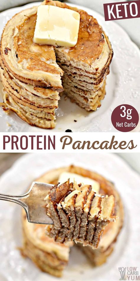 Low Carb Protein Pancakes, Pancake Protein, Protein Pancakes Low Carb, Eggs Protein, Protein Pancakes Recipe, Protein Powder Pancakes, Yummy Pancake Recipe, High Protein Pancakes, Thm Breakfast