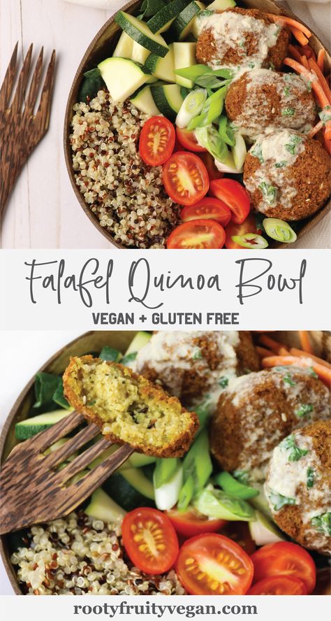 Vegan Falafels are the star of the show in this Quinoa Salad Bowl with a quick and easy Garlic Tahini Sauce recipe. These plant-based falafels are gluten-free and so delicious. Try this vegan falafel recipe for your next meatless lunch or dinner. Vegan Falafel Salad, Falafel Bowl Meal Prep, Recipe With Falafel, Falafel Meal Ideas Dinners, Falafel Bowl Sauce, Recipes With Falafel, Falafel Meal Prep, Meals With Falafel, Falafel Buddha Bowl